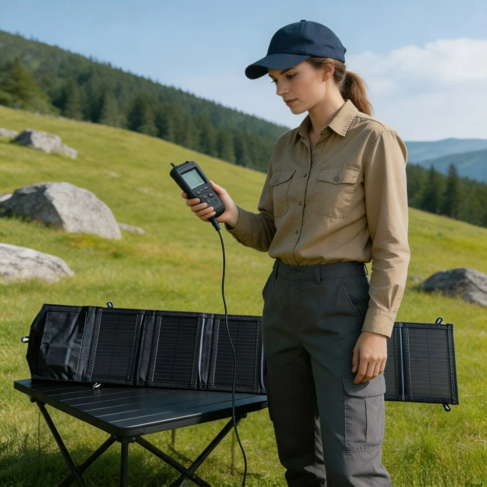 Carregador de painel solar portátil e à prova de água, 100W, 25W, dobrável, com duas portas USB, fonte de energia solar para atividades ao ar livre, como acampamentos, caminhadas e escaladas.