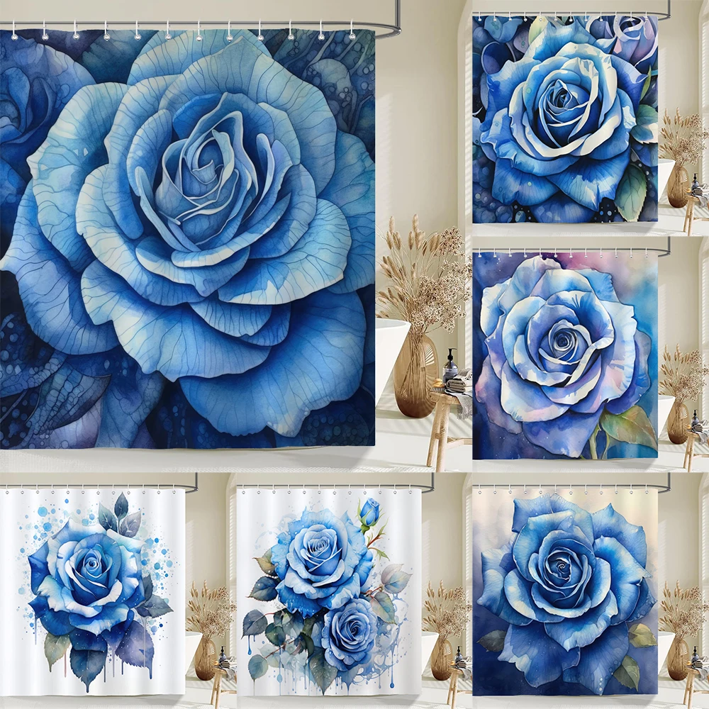 

Blue Watercolor Rose Flowers Bathroom Curtain Fabric Flower Waterproof Shower Curtain Bathtub Curtains With Hooks Home Decor
