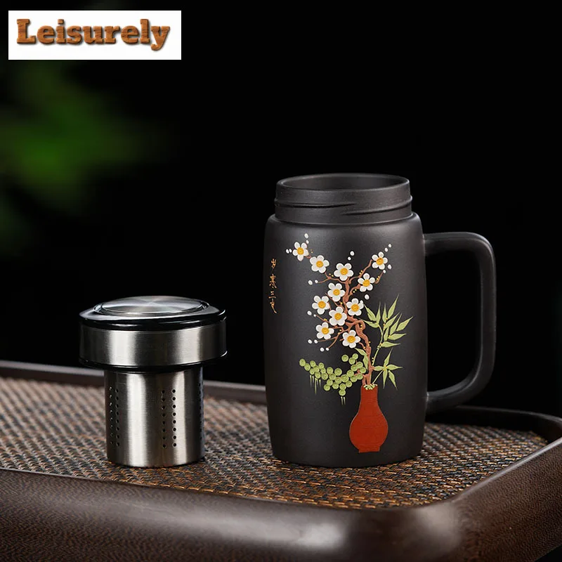 

580ml Handmade Bamboo Plum Purple Filter Tea Separator Cup 304 Filtration Office Work Mug Chinese Zisha Tea Set Business Gift
