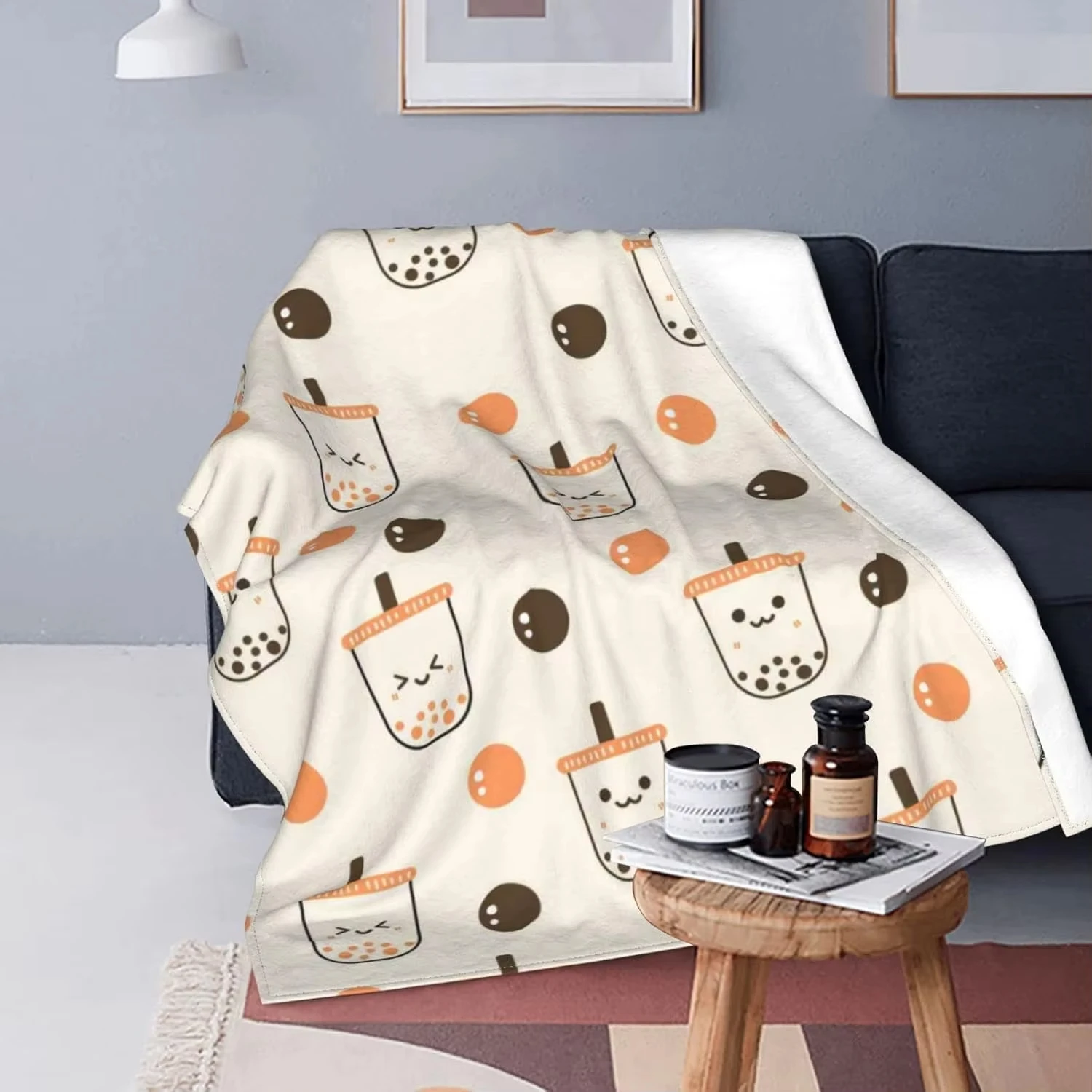 Milk Tea Theme Blanket Boba Cartoon Design Beige Colorful Dots Plush Fluffy Warm For Home Sofa