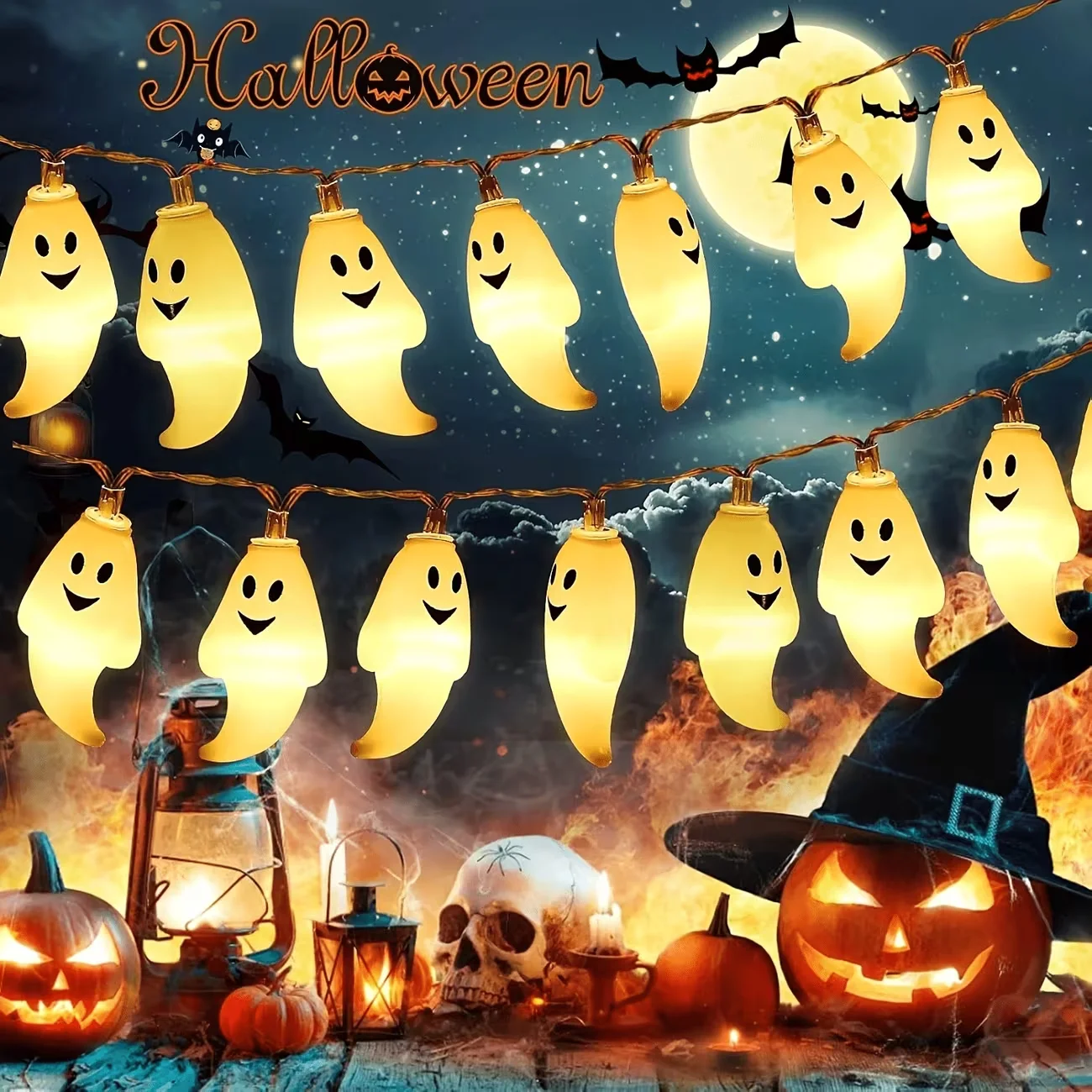 1pc 10/20 LED White Ghost Halloween Horrible Atmosphere String Light Battery Powered Hanging Lamp For Home Bedroom Garden Decor