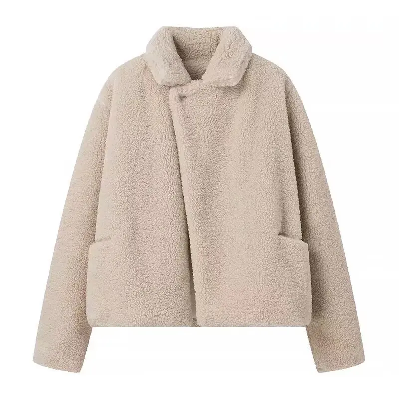 Vintage Woman Fleece Lamb Fur Loose Jackets Long Sleeve One-breasted Casual Coat Pocket Warm Autumn Winter Lady Spliced Jacket