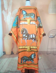 Kuwait Popular Summer Women Designer Dress Boho Twill Silk Printed Muslim Women Kaftan Dress Plus Size African Lady Beach Gowns
