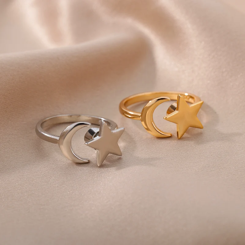 Simple Star Moon Rings For Women Open Adjustable Fidget Rings Spinner Star Anxiety Ring Minimalist Jewelry Gift Anillos Mujer