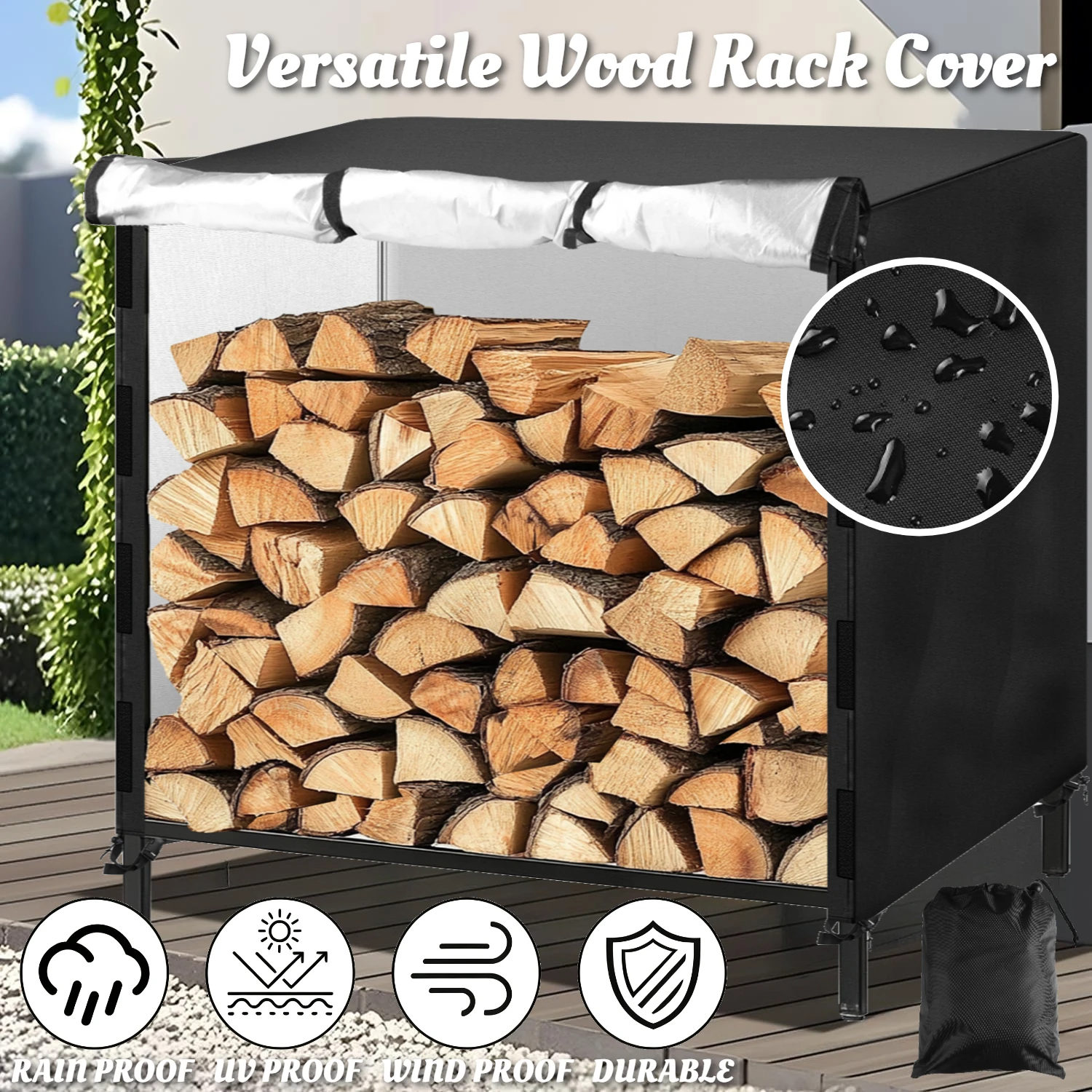 Outdoor Firewood Rack Cover with Storage Bag Waterproof Heavy Duty Rack Cloth for Fireplace Fire Pits Wood Pile Storage Cover