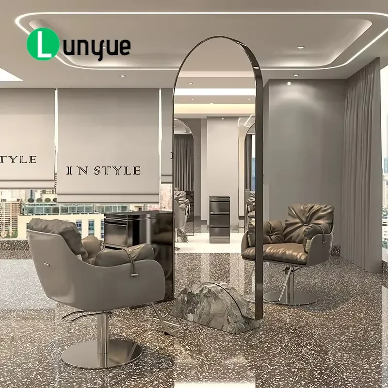 Floor Standing Hair Mirror with LED Light Double Sided Beauty Mirror Marble Base for Hairdresser Barber Shop Furniture