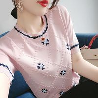 Women's Round Neck Summer 2024 New Commute Striped Short Sleeved Shirt Flowers Embroidered Thin Loose Knited Bottom Tops Q908