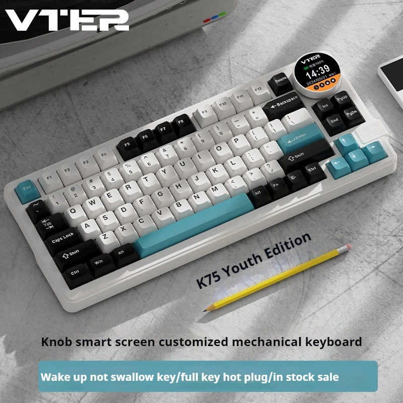Vter K75 Wireless Bluetooth Tri-Mod Mechanical Keyboard 83 Keys Gasket Knob Screen Rgb Lights Tablet Laptop Gaming Keyboard