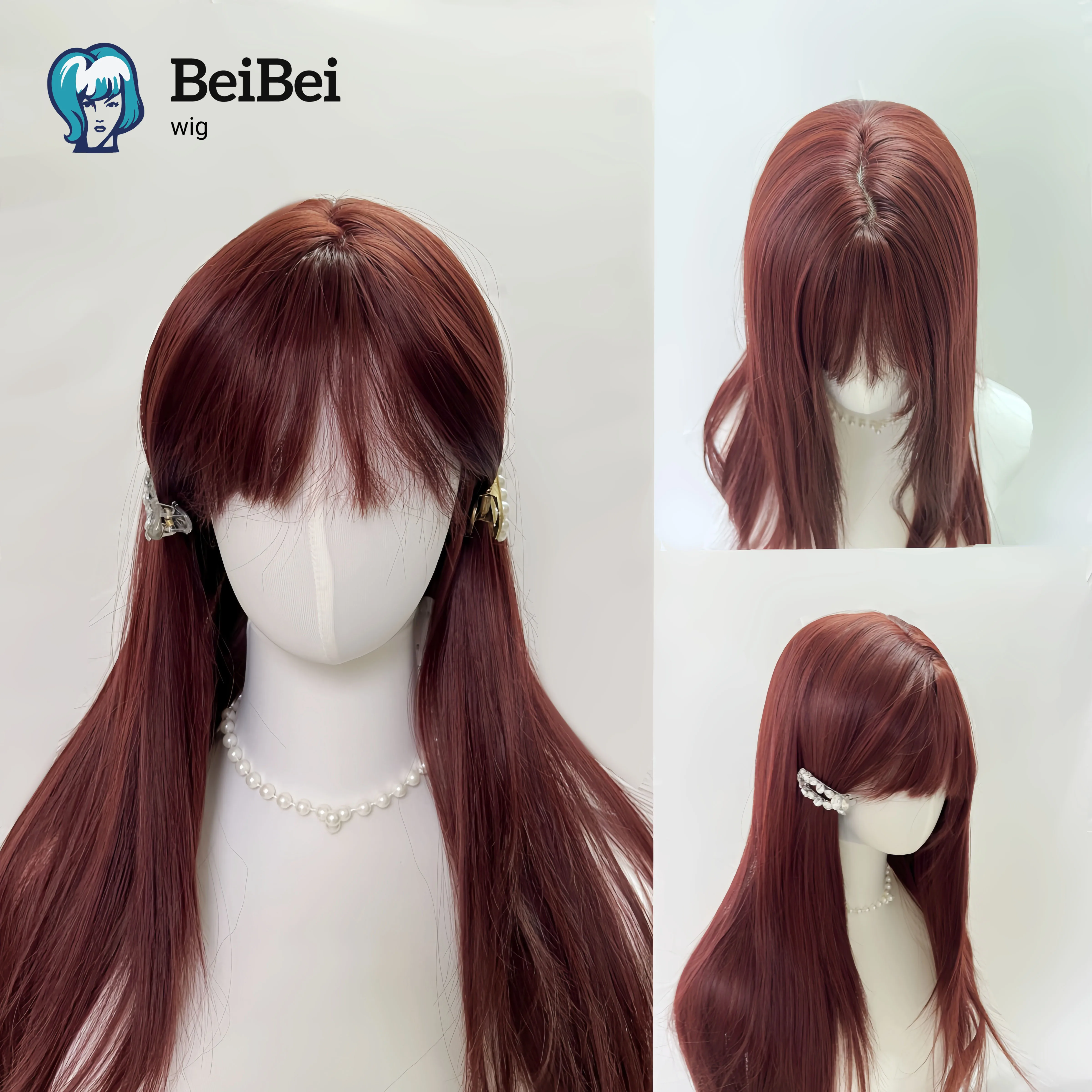 بورجوندي شعر مستعار أحمر للنساء طويل مستقيم عقال شعر مستعار مع الانفجارات لوليتا مقاومة للحرارة بيروكات صناعية للفتيات الاستخدام اليومي حفلة #1