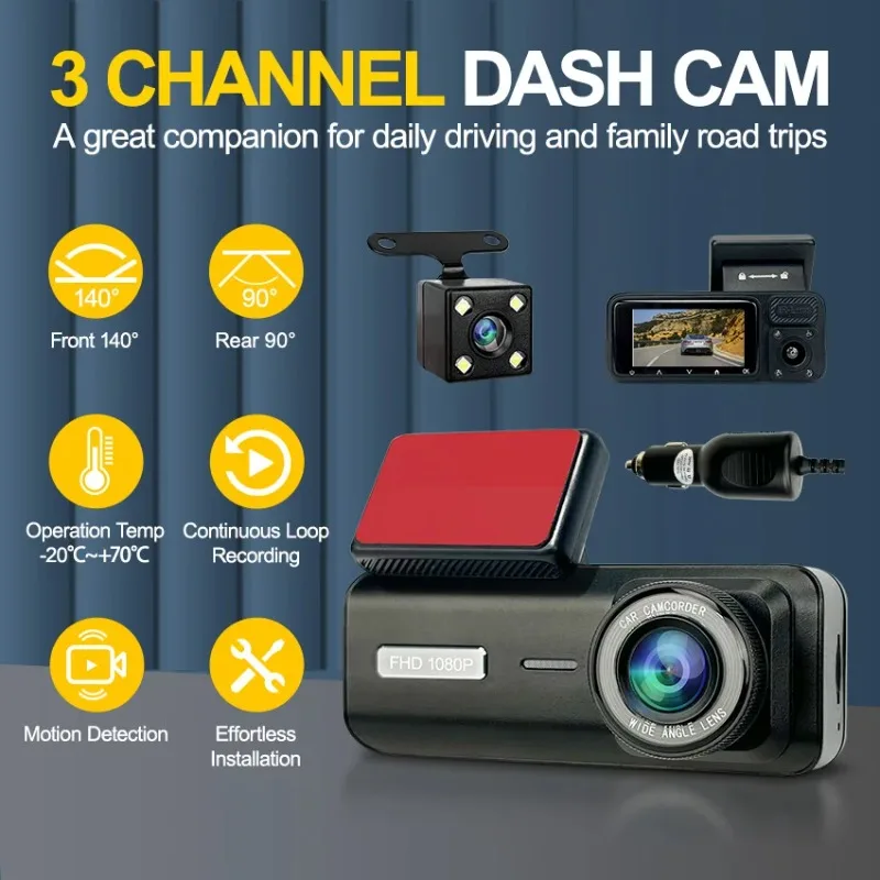 Dash Cam 3 Lens Car DVR - 2 Inch IPS FHD 1080P Video Recorder Loop Recording Night Vision Black Box Registrator