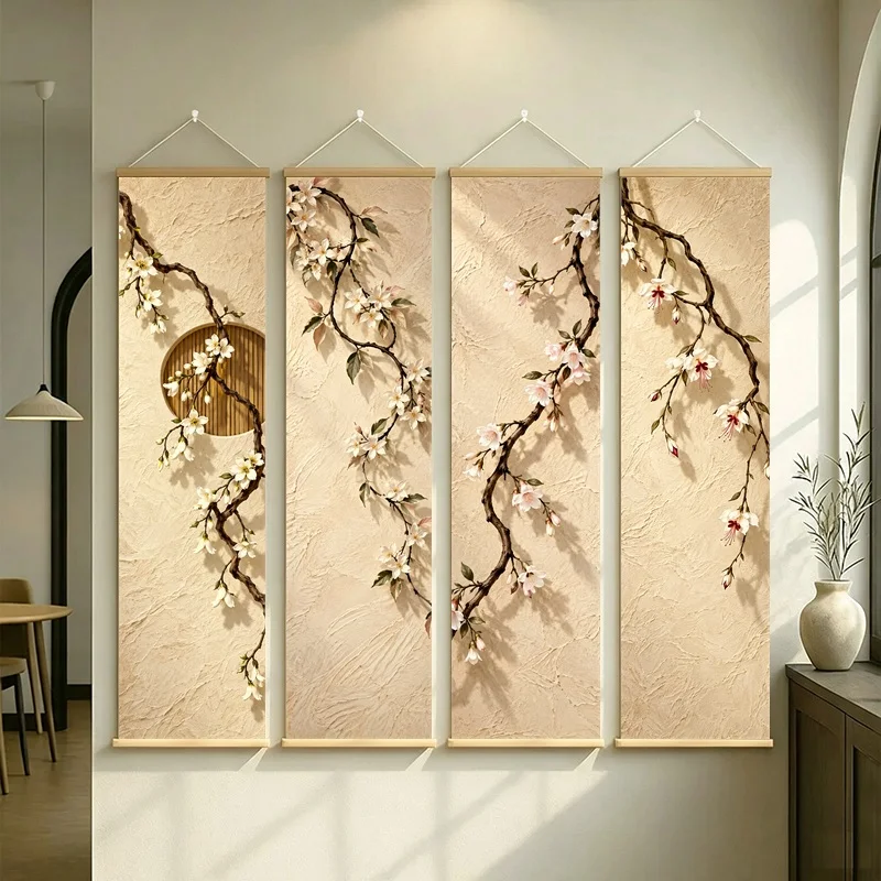 Wall Decor Jade Vine and Variegated Star Jasmine, Calm Wabi-Sabi Silver Shimmer Canvas Hanging Scroll for Meditation Room
