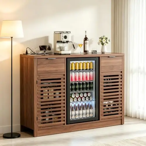 Coffee Bar Cabinet with Fridge Space & Power Outlets, Fluted Home Bar Cabinet with Wine Rack & Glass Holder, Mini