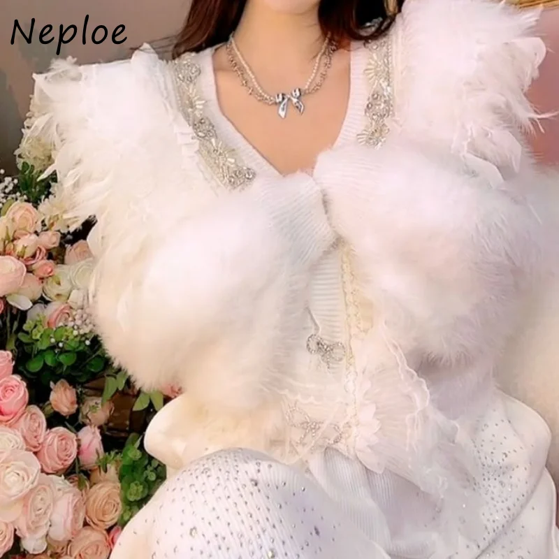 Neploe V Neck Beading Diamonds Feather Patchwork Outerwear Vintage Sweater Jacket Long Sleeve Bowknot Single-breasted Cardigans