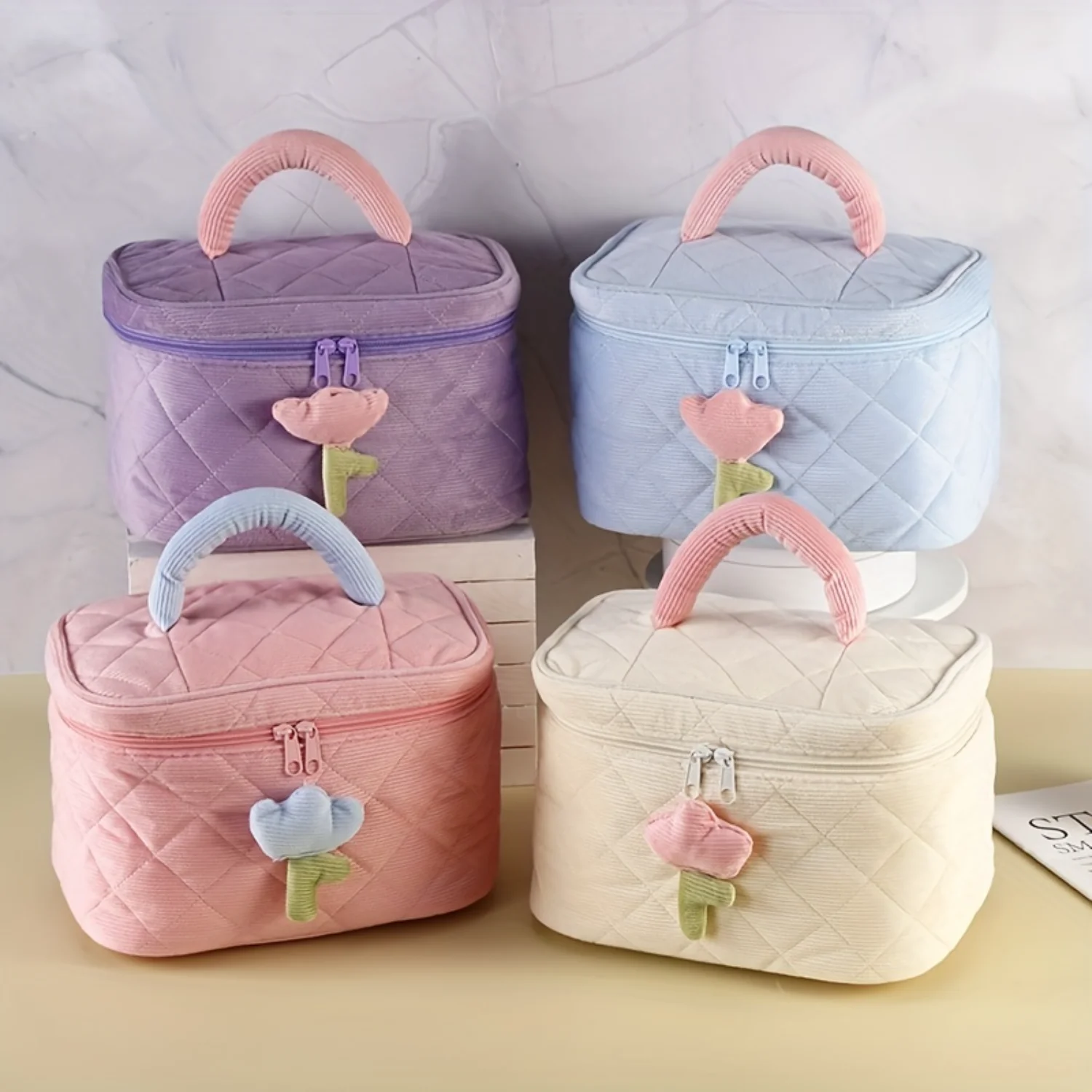 Plush Flower Decor Colorblock Makeup Bag, Quilted Zipper Cosmetic Handbag, Versatile Toiletry Wash Bag Make up sponge holder Bag