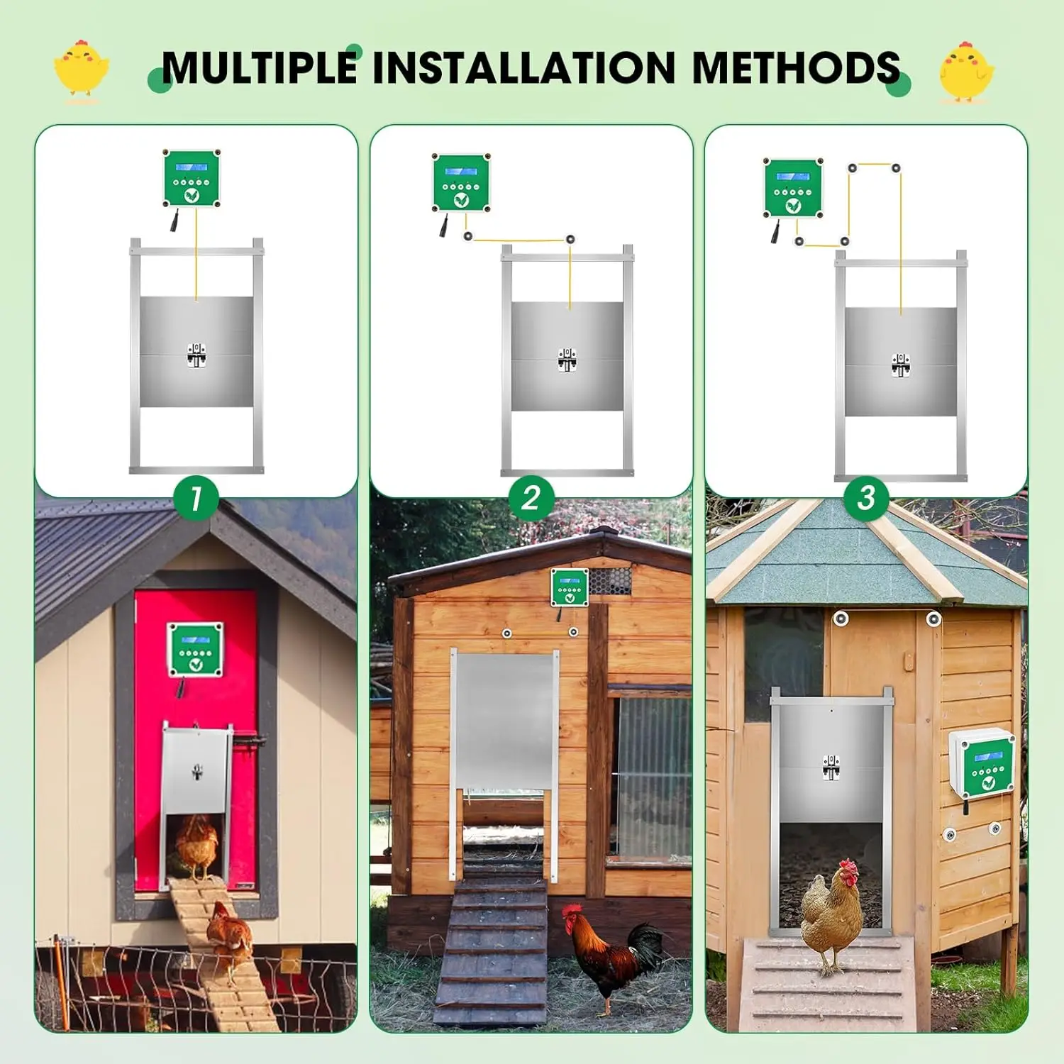 باب حظيرة الدجاج الأوتوماتيكي، فتاحة باب حظيرة الدجاج، توقيت ضوء الاستشعار اليدوي للتحكم عن بعد، 3 أوضاع إمداد الطاقة الشمسية