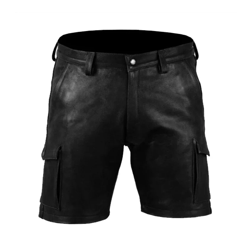 2023 Men\'s Real Cowhide Leather Cargo Shorts Black Cargo Pockets Shorts With Belt men shorts