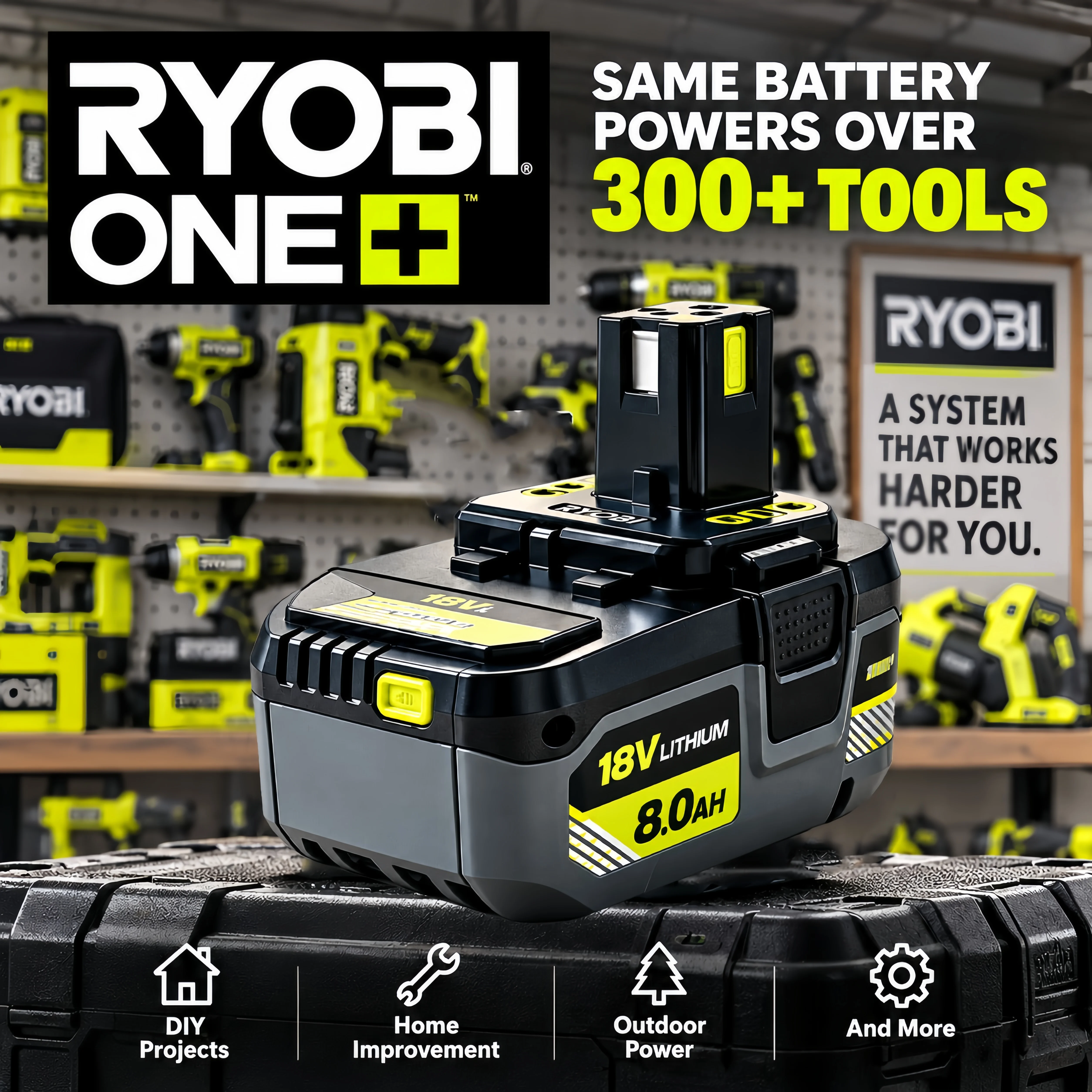 RYOBI 18V ONE+ 6.0Ah 8.0Ah Rechargeable Lithium Battery, Overcharge Protection Long Service Life Cordless Tool Replacement Pack