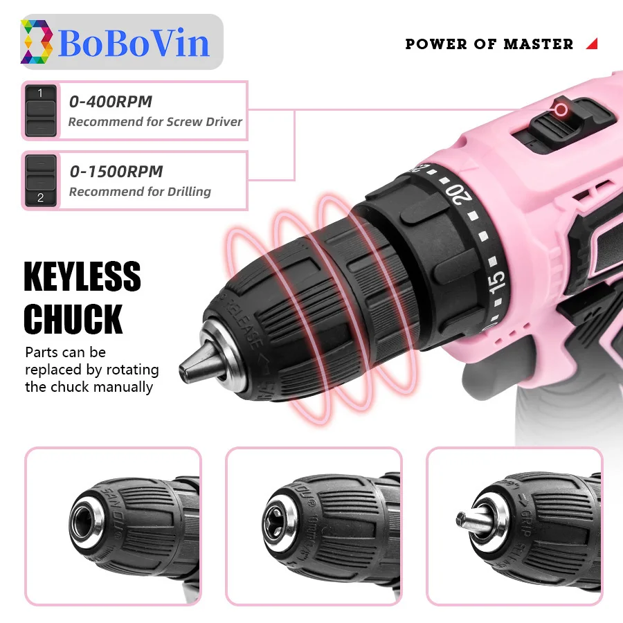 12V Cordless Drill Electric Screwdriver Rechargeable Wireless Power Driver DC Lithium-Ion Battery Household Pink