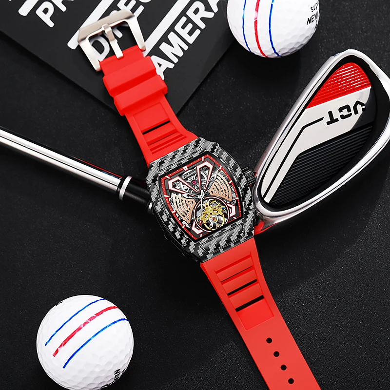 Dulunwe Tourbillon Design رجال الأعمال ساعة ميكانيكية موضة حزام مطاطي ساعات أوتوماتيكية للرجال Reloj Hombre