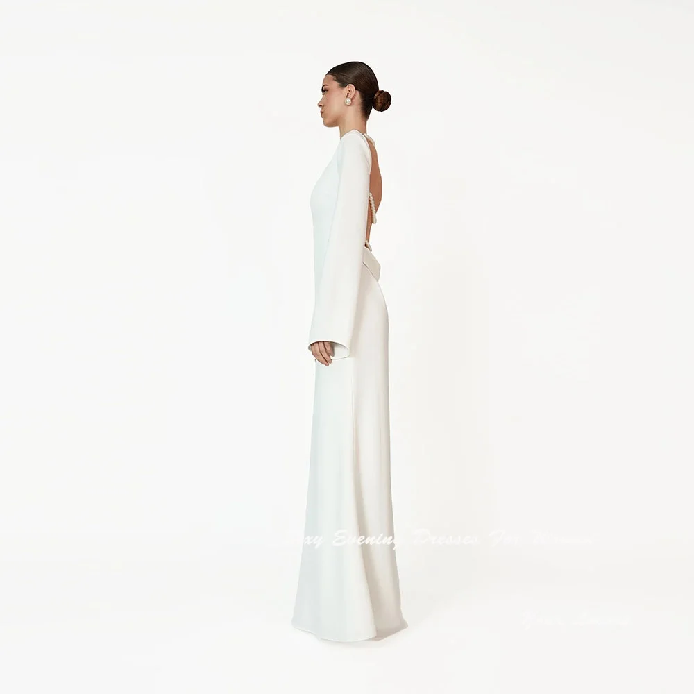 Customized White Crepe Wedding Dresses For Sexy Women Evening Dress With Pearls On Back Floor-length Backless Summer Prom Dress