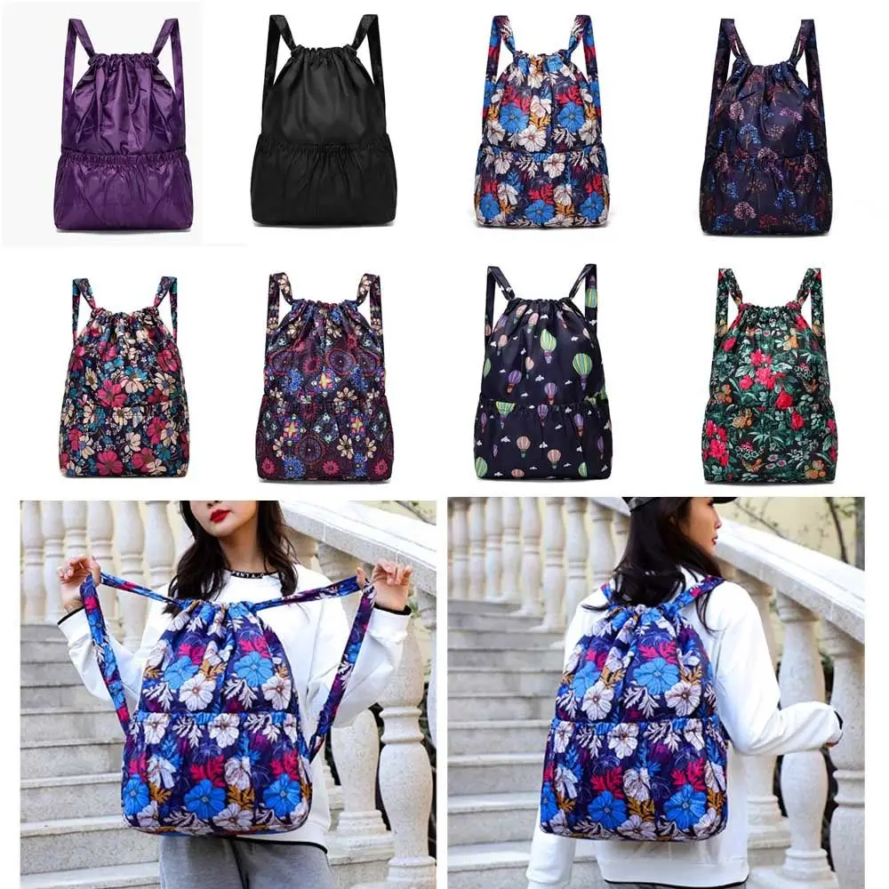 Multifunctional Floral Printed Drawstring Bag Waterproof Polyester Backpacks Large Capacity Fold School Bag Ladies