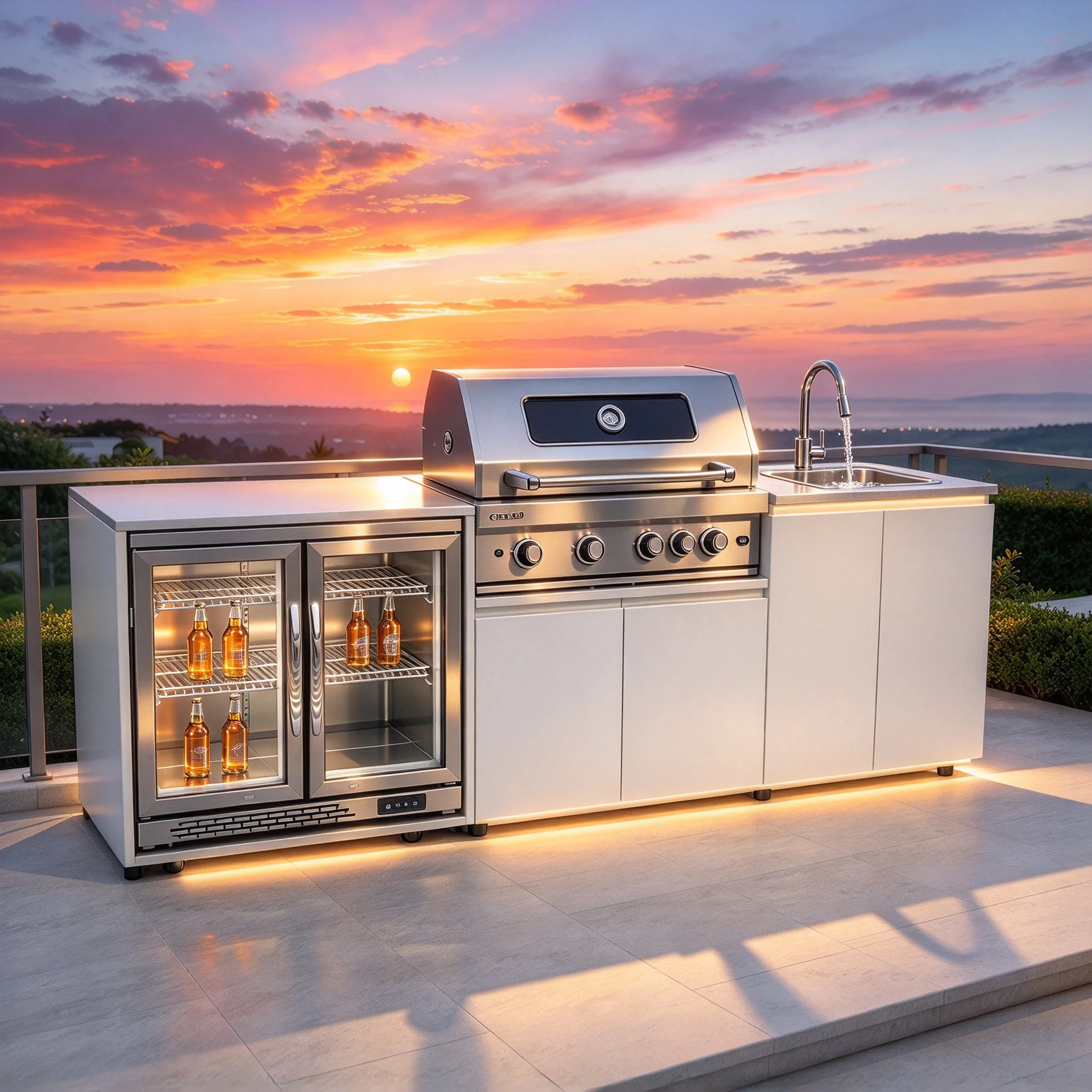 BBQ Kitchen Outdoor Cabinets Set with Built in Grill Fridge Sink 304 Stainless Steel Weatherproof Outdoor Cooking Center
