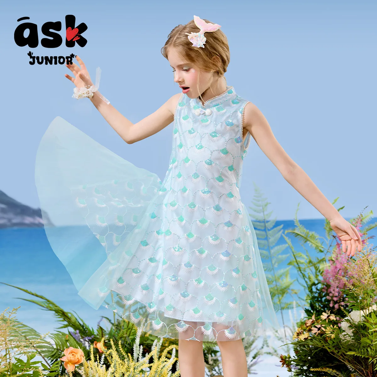 فستان الأميرة حورية البحر للفتيات الصيفية باللون الأزرق المطرز بدون أكمام وياقة واقفة #2