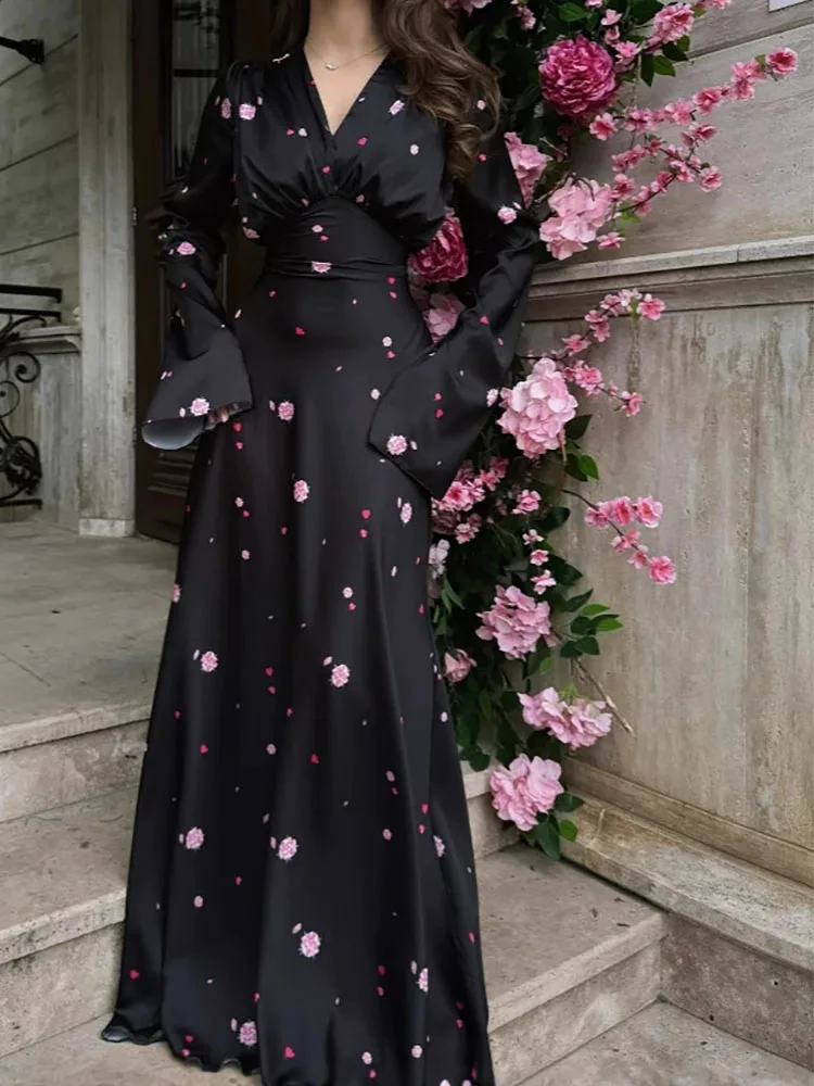 Elegante flor impressão cetim vestido de noite feminino casual mangas alargadas magro vestido longo moda com decote em v altura cintura bohe vestido de festa