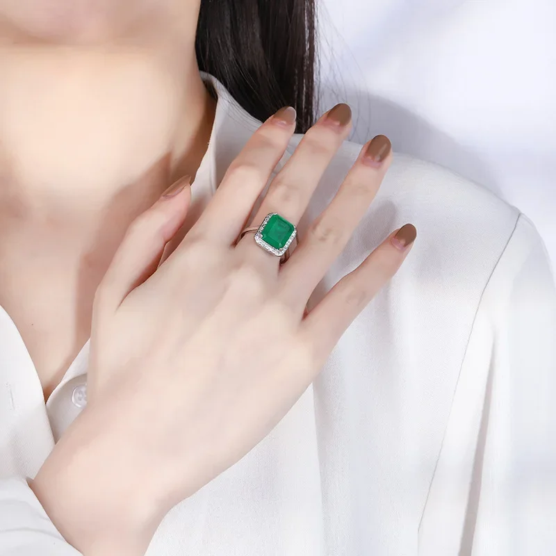 Fashionable Luxury S925 Full body Silver Minimalist Color Treasure Rectangular Ring Main Stone 10 * 12 Wedding Jewelry