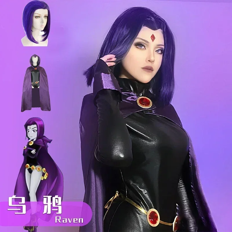 

TeenTitans Raven Cosplay Costume Wig Deluxe Jumpsuit Belt Purple Cloak Halloween Uniform For Women