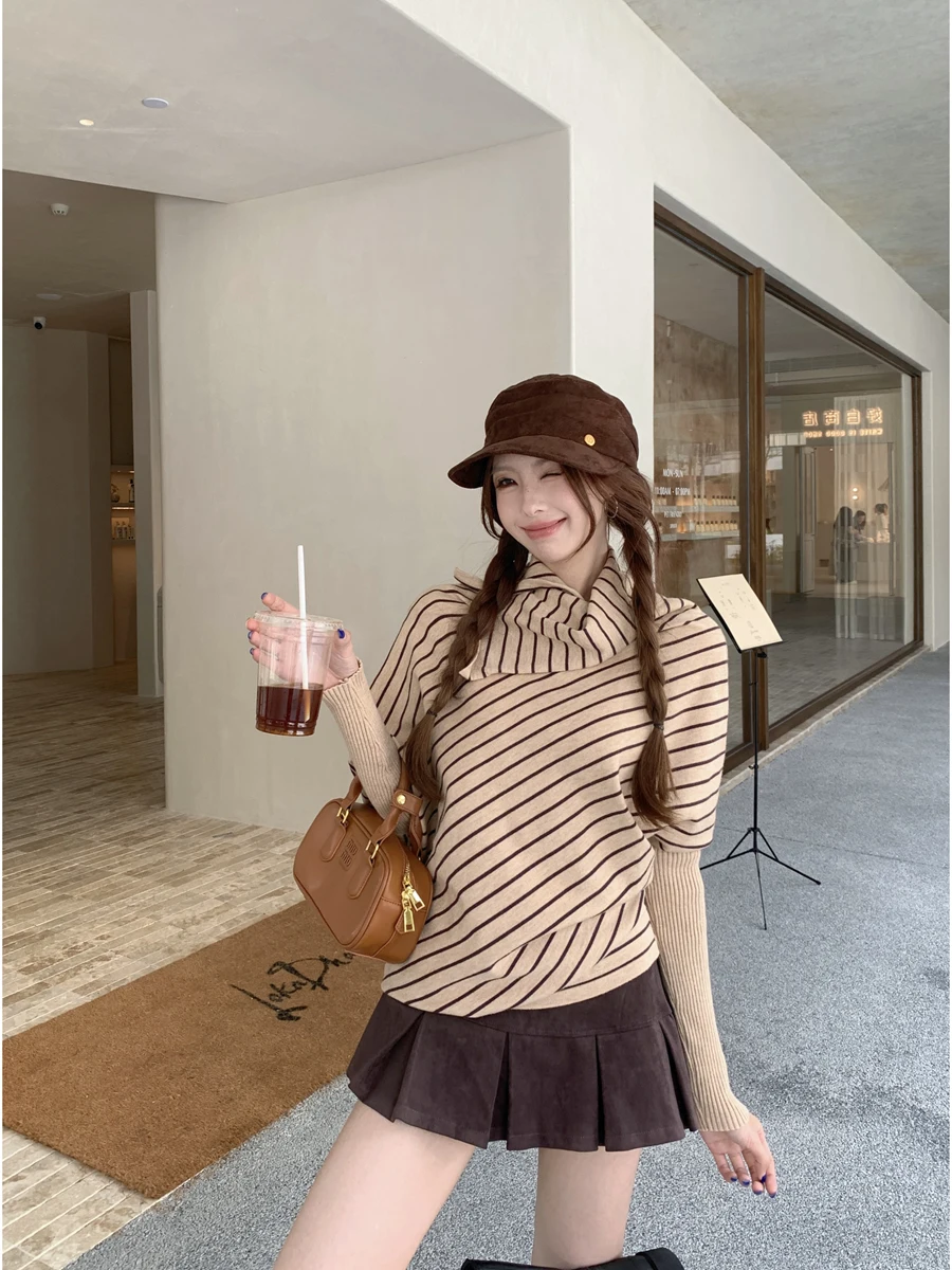 

Loose Batwing Sve Knitted Sweater for Women Spring Season ClassicLazy Striped Collared Top Slimming Cover up Batwing Sve