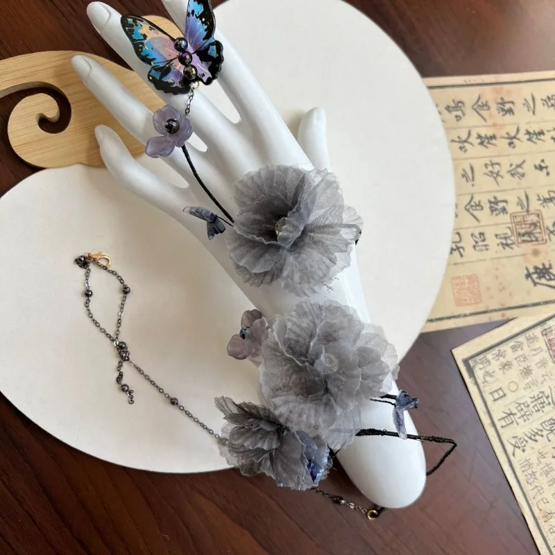 Gelang Vintage Cina Baru Warna Abu-abu Bermotif Bunga untuk Hanfu, Gelang Oriental yang Dapat Disesuaikan, Gaya Bohemian