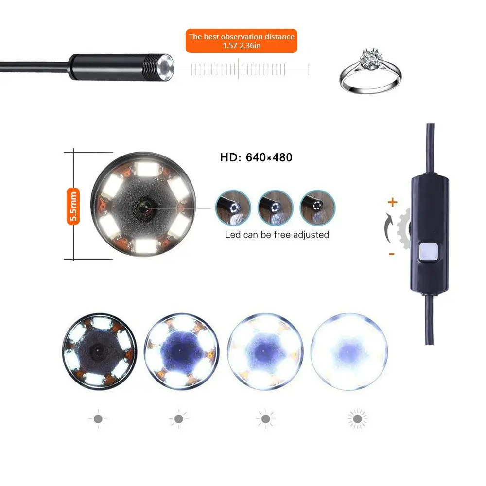 Câmera endoscópica android 7mm, 3 em 1, micro usb tipo c, boroscópio, mini câmera, à prova d'água, led, inspeção de carro, para huawei xiaomi pc