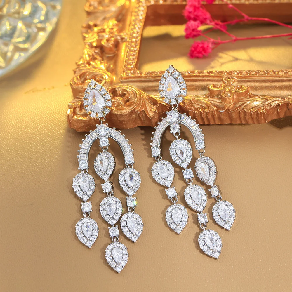 

ThreeGraces 2022 New Fashion Long Water Drop Cubic Zirconia Bridal Wedding Tassel Earrings for Women Engagement Jewelry ER984