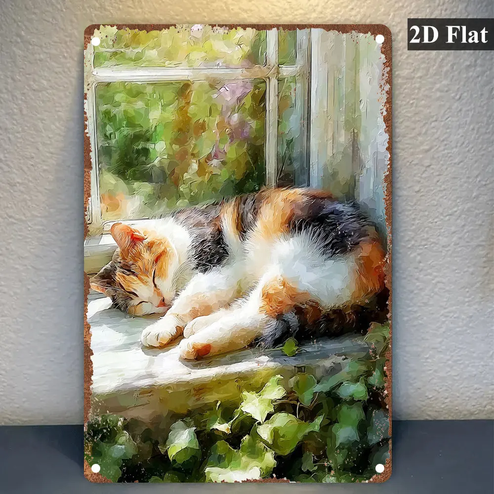 2D Flat, 1pc Vintage Calico Metal Sign, Adorable Calico Kitten (White/Black/Brown Tabby) Sleeping on Window Sill Wall Art, Durab