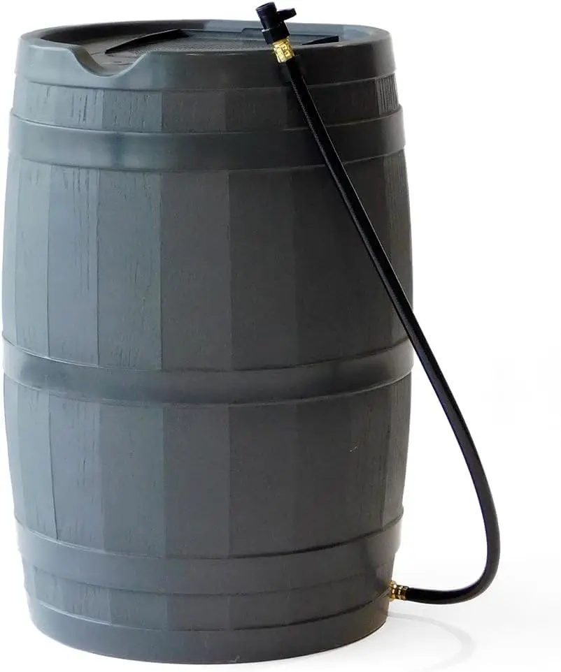 Outdoor 45 Gallon Heavy Duty Rain Water Catcher Barrel Container With Hose And Debris Screen For Garden Plants Landscape Drainage System Slim Wood Grain Storage Collector Box