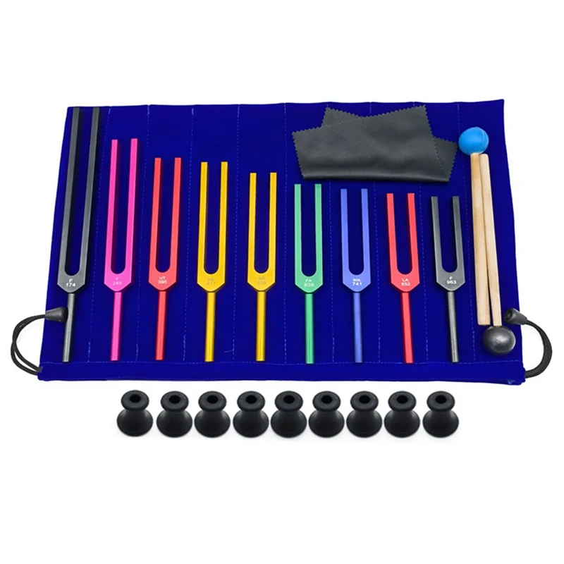 Colorido Solfeggio alumínio liga Tuning Forks, terapia vocal, preto, 9 pcs