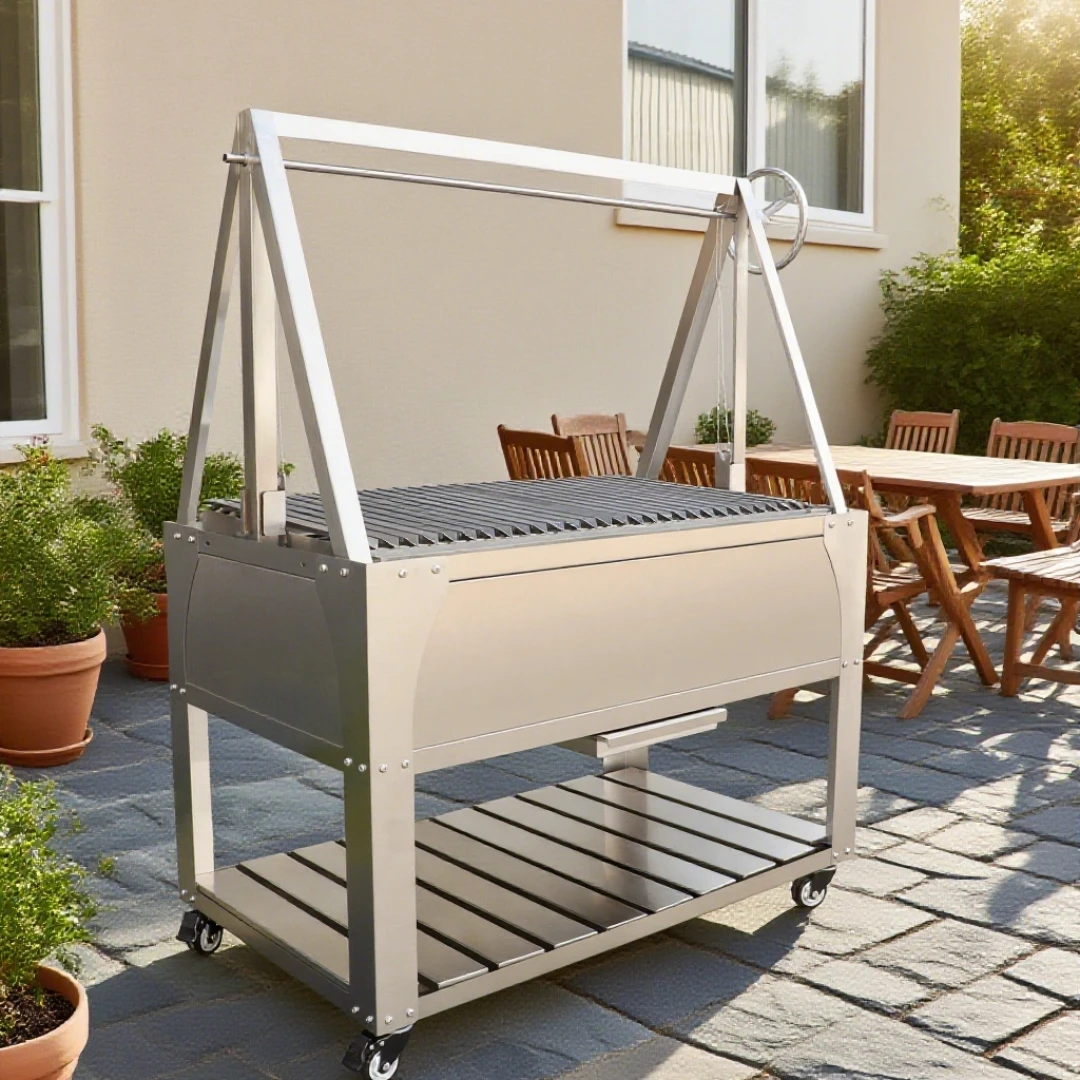 Modern Argentine Santa Maria Style Wood Charcoal Barbecue Grill with Rotisserie Parrilla