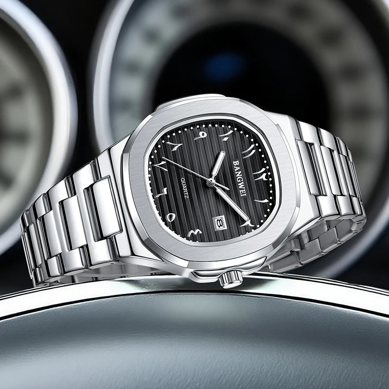 방웨이 남성용 고급 방수 사각 야광 날짜 스테인리스 스틸 캐주얼 쿼츠 시계 남성 시계 렐로즈 옴브레