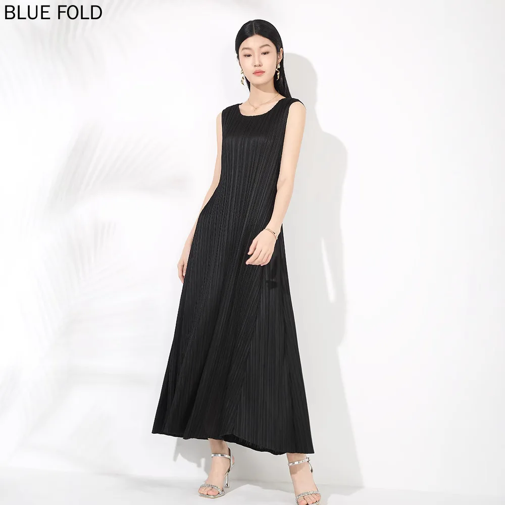 MIYAKE PLEATS Vestido Simple 2025 novedad de verano japonés elegante temperamento cuello redondo Vestido sin mangas Mujer estilo largo