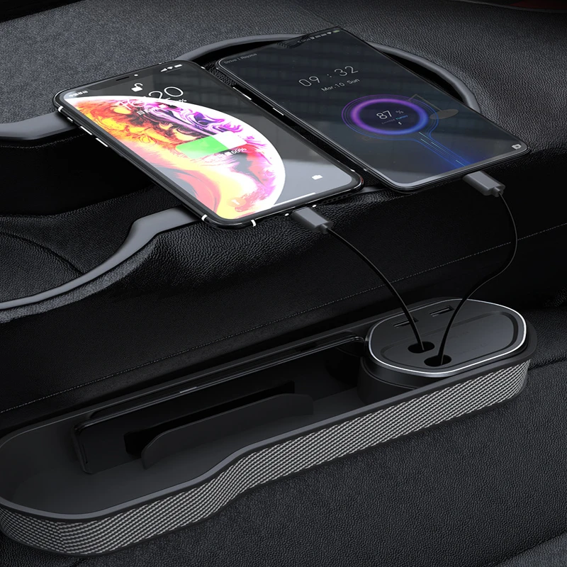 Multifunctional Car Seat Organizer With Cup Holder Console Side Pocket Support IOS TypeC Wireless Charging Cigarette Lighter USB