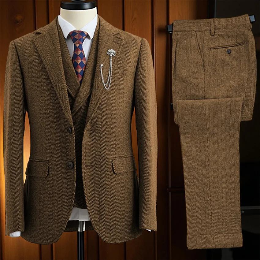 

Tweed Herringbone Men Suits for Casual Business Party 3 Pieces Wedding Fashion Tuxedo Custom Made Suit Set Jacket Pants Vest