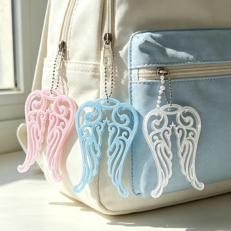 Sweet Glitter Angel Wings Acrylic Card Holder Hollow Out ID Credit Card Cover With Bead Chain Y2K Bag Pendant Keychain Decor