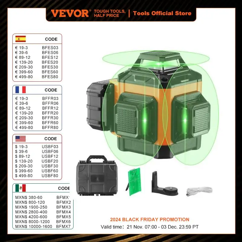 VEVOR Niveau Laser 30 m Niveau Laser 360° x 3 Ligne Croisée Verte Mode Autonivelant Manuel Longueur