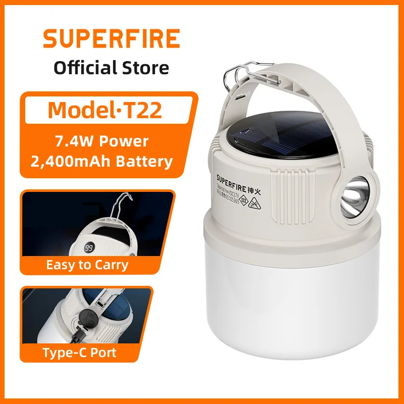 SUPERFIRE T22 7.4W LED Camping Lantern Type-C Rechargeable Light Portable Tent Lamp With Hook Up Outdoor Emergency Flashlight