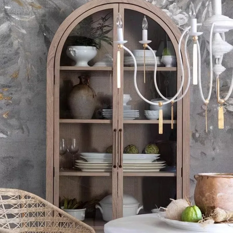 French solid wood bookcase living room simple modern glass door arched decorative cabinet