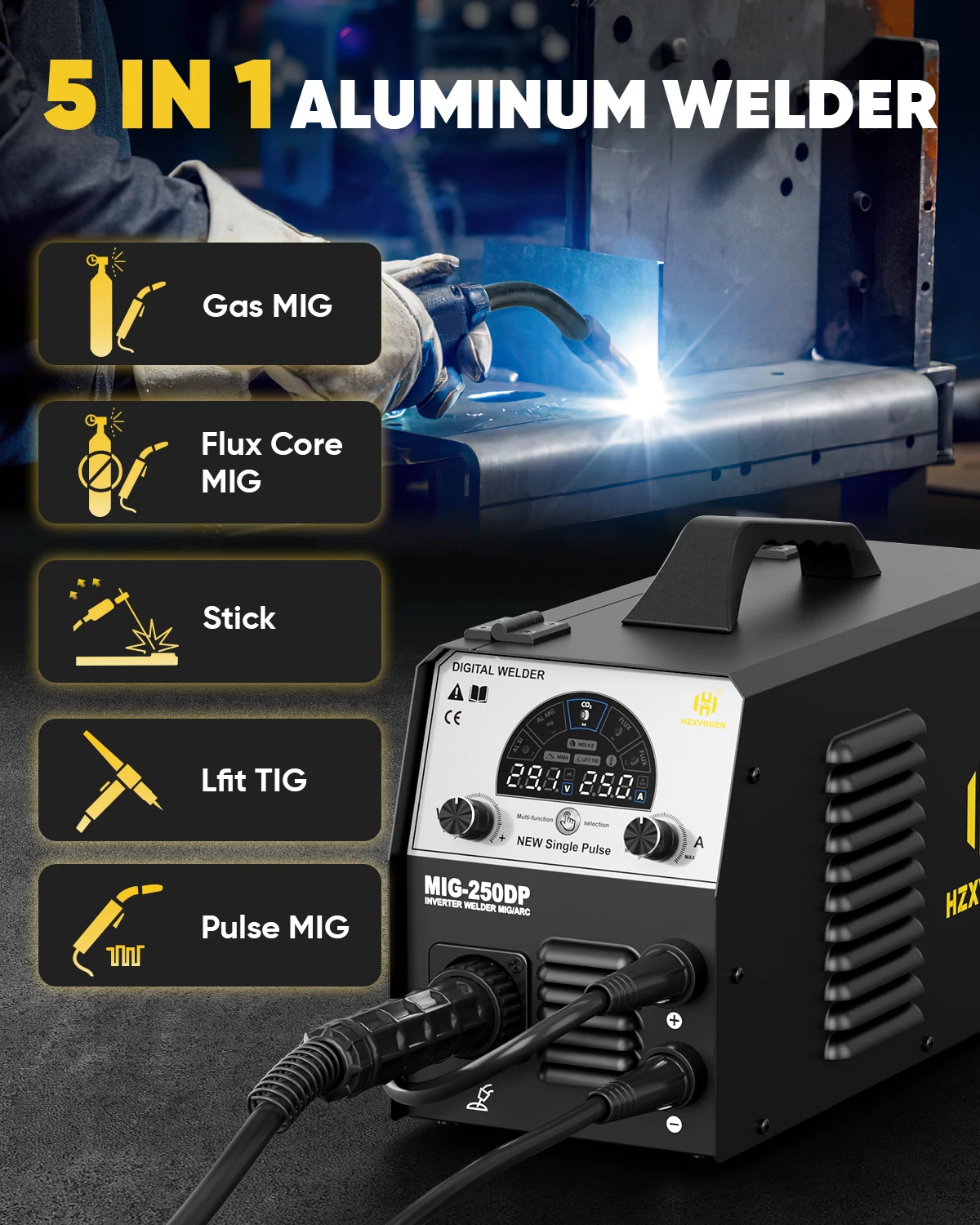 

Сварочный аппарат HZXVOGEN (инверторный) для алюминия, 110В/220В, MIG/ARC, макс. 160А, с подачей проволоки, IP21, LED-экран