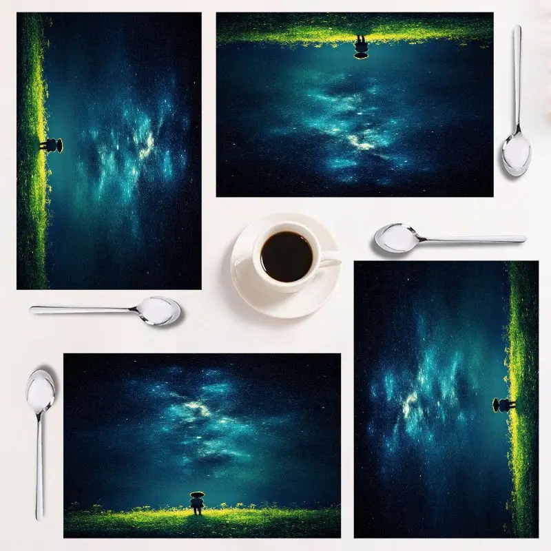 

Set of 4 rectangle placemats with starry night design, easy to clean, perfect for any kitchen decor and holidays.