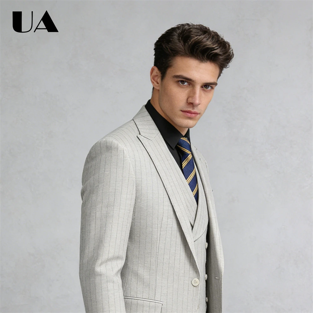 ULBYANRY High-End Striped Three Piece Suit for Men S-5XL, Single Button Business Formal Suits, Men's Casual Tuxedo Dresswear