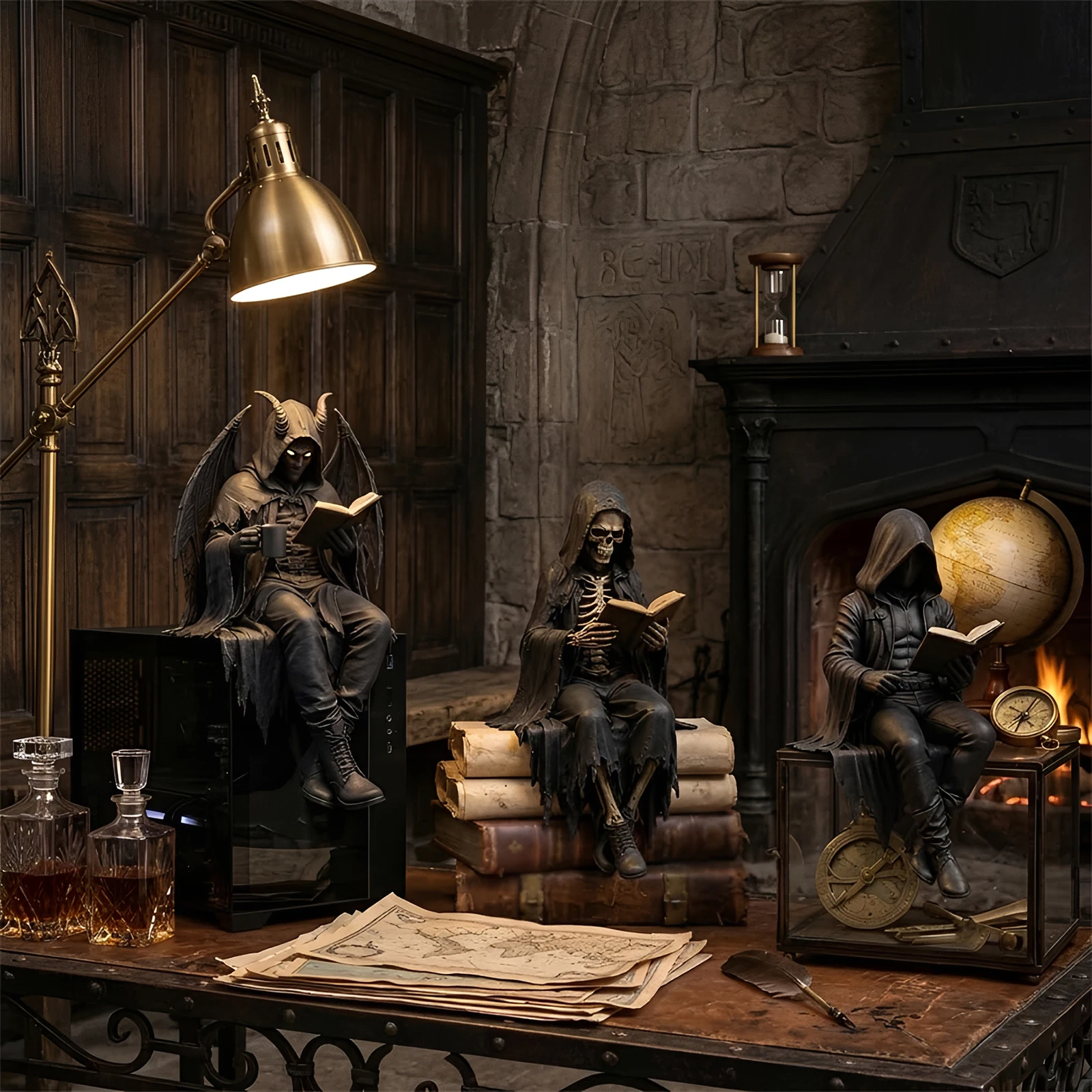 3Pcs Gothic Reading Sculpture Set, Demon Skeleton Faceless Reader Resin Statues, Dark Gothic Shelf Sitting Ornament for Book